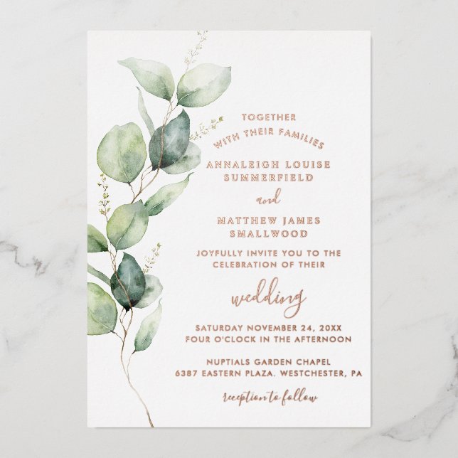 Invitation En Aluminium Eucalyptus Verdure Feuillage Mariage Rose Or (Recto)