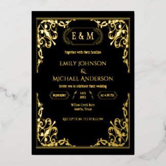 Invitation En Aluminium Fairepart de mariage noir et or élégant avec monog