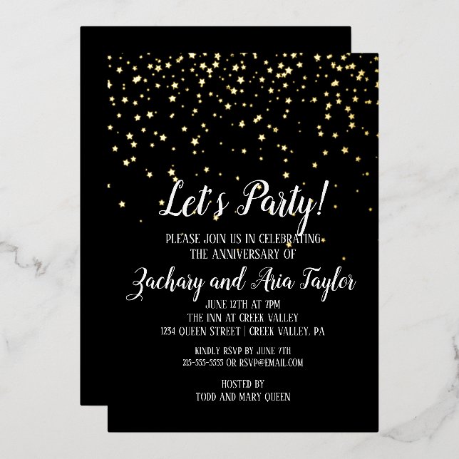Invitation En Aluminium Faisons la fête Gold Confetti | Noir Anniversaire  (Recto/Verso)