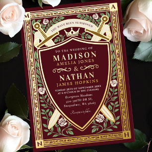 Invitation En Aluminium Fantaisie Florale Rouge Épées Bouclier Monogramme