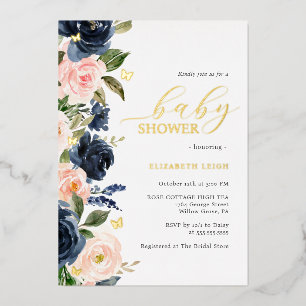 Invitation En Aluminium Fardée Navy Or Fleurs Papillon Baby Shower