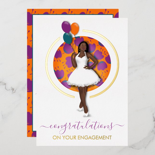 Invitation En Aluminium Félicitations ! Femme noire avec ballons et fleurs (Recto/Verso)