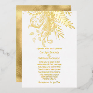 Invitation En Aluminium Fermes d'or et feuillage sur Mariage blanc