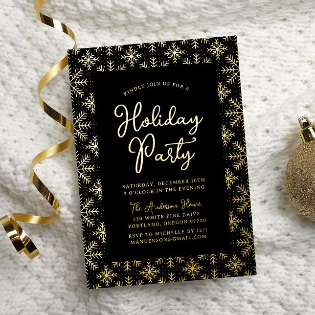 Invitation En Aluminium Festive Black and Gold Snowflakes Fête (Créateur téléchargé)