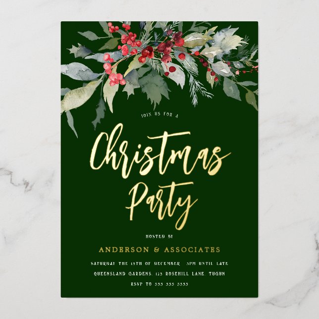 Invitation En Aluminium Festive Green & Gold Fête de Noël (Recto)