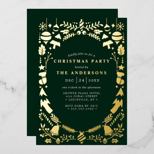 Invitation En Aluminium Festive moderne Gold foncé Green Noël Party (Recto/Verso)
