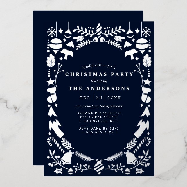 Invitation En Aluminium Festive moderne Silver Navy Blue Christmas Party (Recto/Verso)