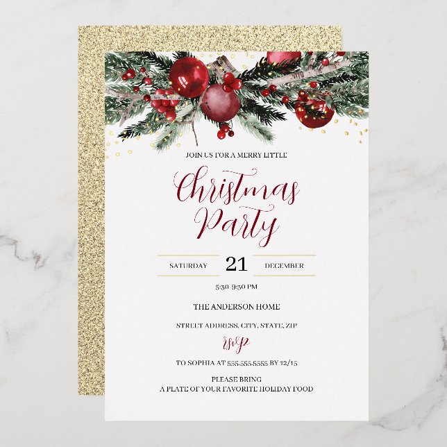 Invitation En Aluminium Festive Noël Foliage Red Gold (Recto/Verso)