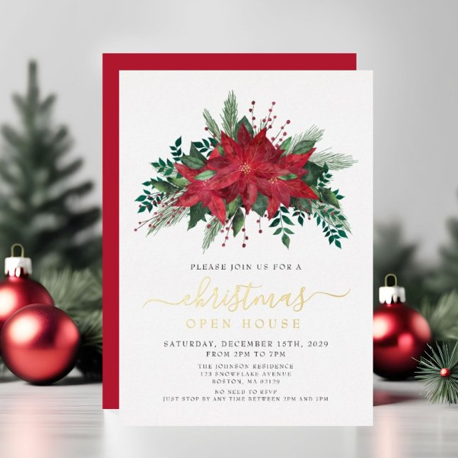 Invitation En Aluminium Festive Poinsettia Noël Open House Gold (Festive Poinsettia Christmas Open House Gold Foil Invitation)