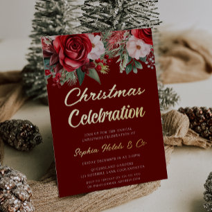 Invitation En Aluminium Festive Red Floral Noël Celebration Gold