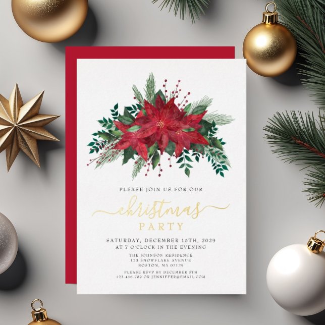 Invitation En Aluminium Festive Red Poinsettia fête de Noël (Festive Red Poinsettia Christmas Party Foil Invitation
)
