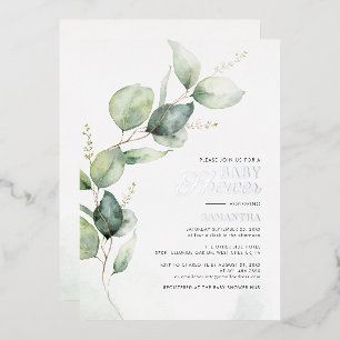 Invitation En Aluminium Fête bébé Eucalyptus aquarelle argentée