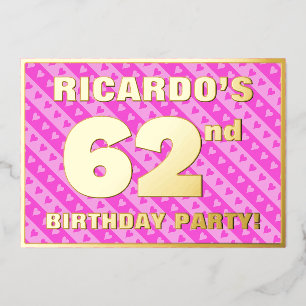 Invitation En Aluminium Fête d'anniversaire 62 ans — Cœurs roses et rayure