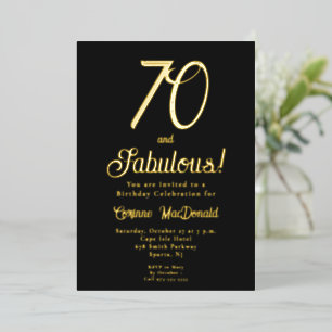 Invitation En Aluminium Fête d'anniversaire 70 ans Noir Feuille d'Or 70 &