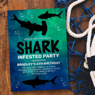 Invitation En Aluminium Fête d'anniversaire de tout âge infestée de requin