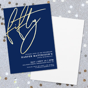 Invitation En Aluminium Fête d'anniversaire des 50 ans Bleu marine Or Cinq