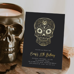 Invitation En Aluminium Fête d'anniversaire Dia de los Muertos Crâne Doré