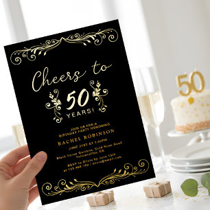 Invitation En Aluminium Fête d'anniversaire élégante noire et or 50 ans