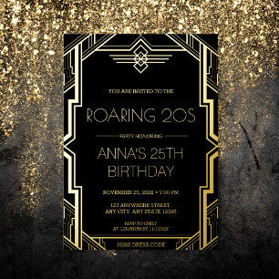 Invitation En Aluminium Fête d'anniversaire Gatsby Art Déco noir et or