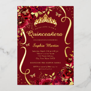 Invitation En Aluminium Fête d'anniversaire rouge or floral papillon Quinc