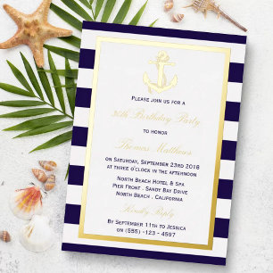 Invitation En Aluminium Fête d'anniversaire thème ancre nautique et rayure