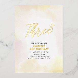 Invitation En Aluminium Fête d'anniversaire Trois 3 ans Cœur Or & Jaune