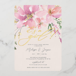 Invitation En Aluminium Fête de bébé fille Fleurs à l'aquarelle
