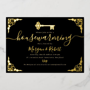 Invitation En Aluminium Fête de Chauffage Vintage Clé Or Noir 