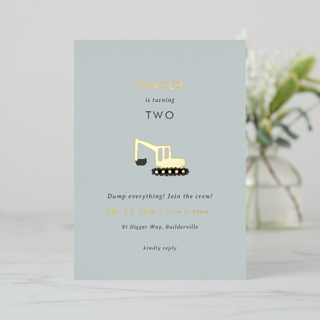 Invitation En Aluminium Fête de construction Digger Foil Anniversaire Invi (Debout devant)