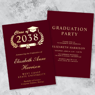 Invitation En Aluminium Fête de fin d'études au collège Burgundy Script Él