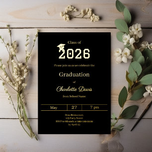Invitation En Aluminium Fête de fin d'études noir or classe de 2026 luxe