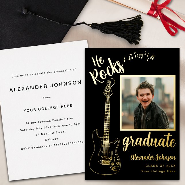 Invitation En Aluminium Fête de graduation musicale photo moderne Noir et  (Modern graduate photo cool minimalist electric guitar gold foil script black Graduation party invite)