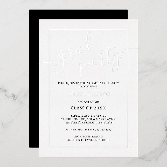 Invitation En Aluminium Fête de Graduation Noire Argent Moderne (Recto/Verso)
