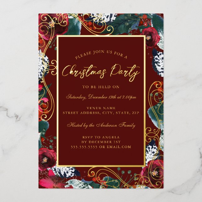 Invitation En Aluminium Fête de Noël à cadre rouge or (Recto)