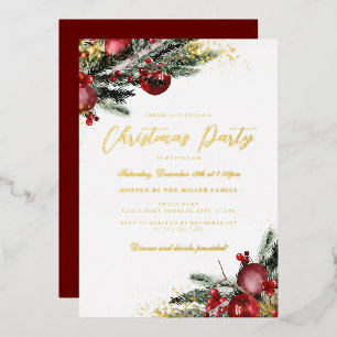 Invitation En Aluminium Fête de Noël à feuillage traditionnel doré scintil