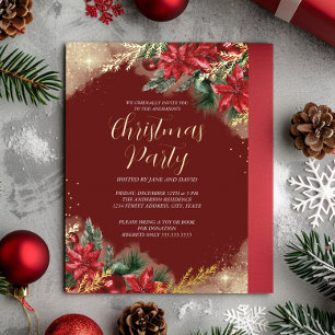 Invitation En Aluminium Fête de Noël au feuillage rouge or vert