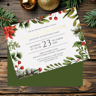 Invitation En Aluminium Fête de Noël Baies de Verdure Maison Ouverte Or