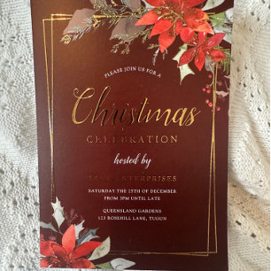 Invitation En Aluminium Fête de Noël Cadre Doré Rouge Bourgogne