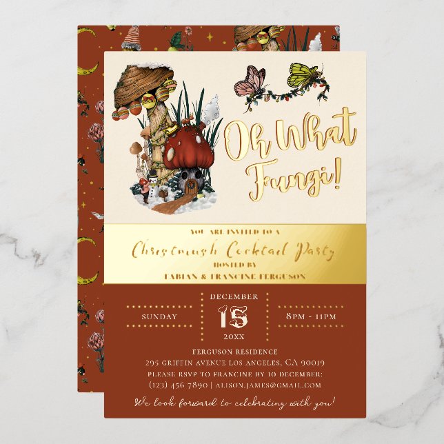 Invitation En Aluminium Fête de Noël de champignons rouges modernes (Recto/Verso)