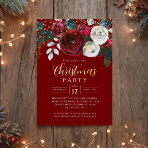 Invitation En Aluminium Fête de Noël Feuillage Rouge Or Étincelant 