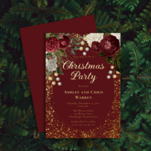 Invitation En Aluminium Fête de Noël Fleur de Rose Burgundy Glam