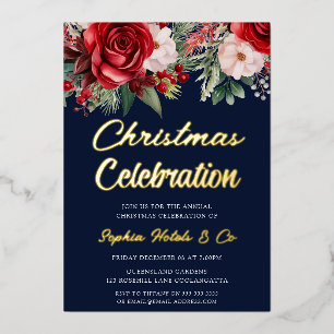 Invitation En Aluminium Fête de Noël Floral Marine Golden
