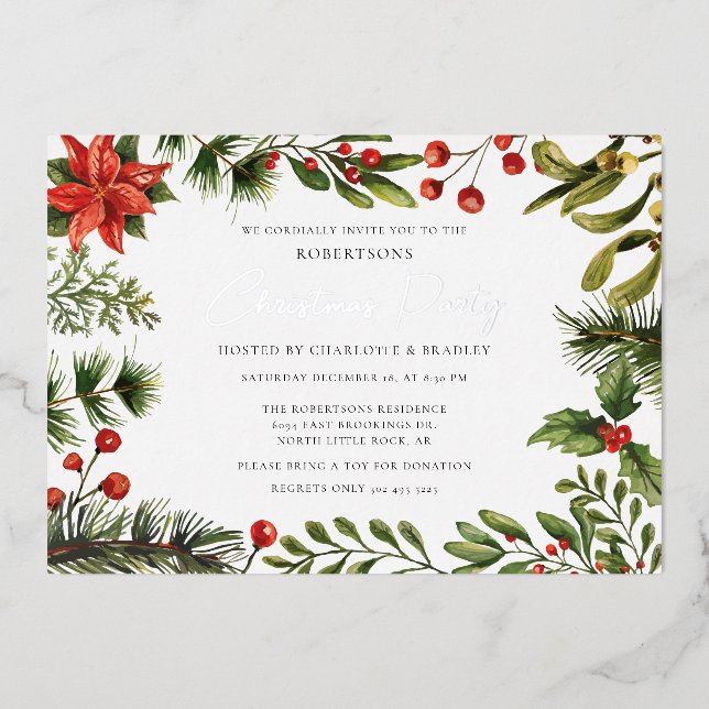 Invitation En Aluminium Fête de Noël Floral Vert Argent (Recto)