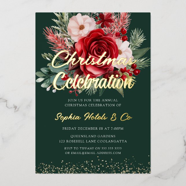 Invitation En Aluminium Fête de Noël Florale Gold Foil (Recto)