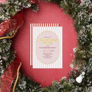 Invitation En Aluminium Fête de Noël Photo rayée rouge rétro