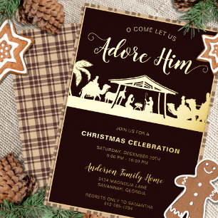 Invitation En Aluminium Fête de Noël religieuse Brun & Or Nativité