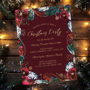 Invitation En Aluminium Fête de Noël Tourbillon Floral Rouge Or Vert