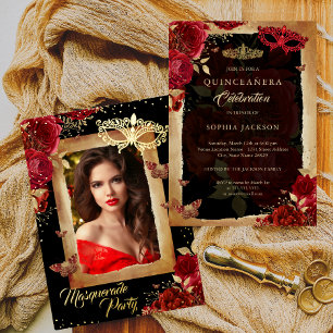 Invitation En Aluminium Fête de Quinceañera Mascarade Rose Rouge Or