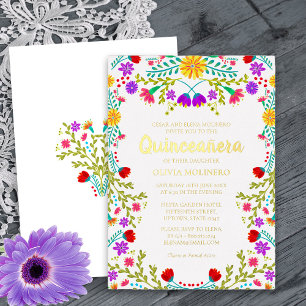 Invitation En Aluminium Fête de Quinceanera Mexicaine Florale Or Réel