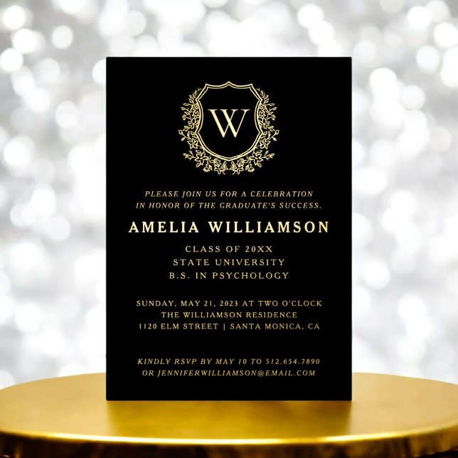 Invitation En Aluminium Fête de remise des diplômes à monogramme Black Gol (Créateur téléchargé)